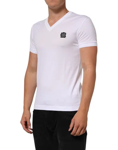 Pre-owned Dolce & Gabbana White Cotton Logo Patch V-neck Tee Men's T-shirt ()