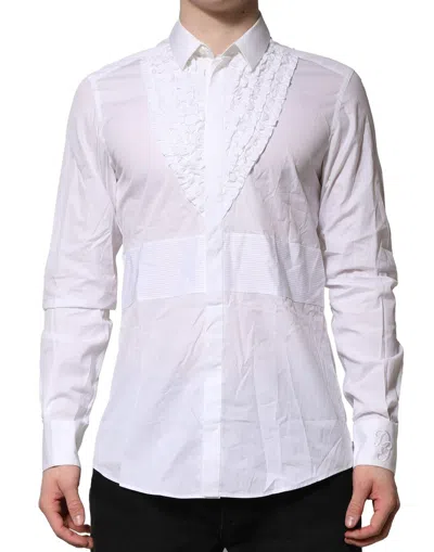 Pre-owned Dolce & Gabbana White Cotton Ruffled Detailing Formal Men's Shirt ()