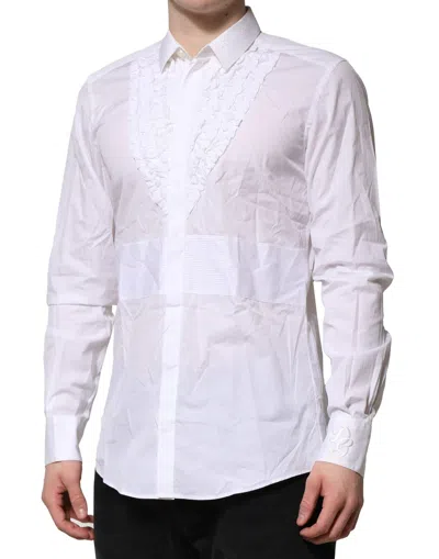 Pre-owned Dolce & Gabbana White Cotton Ruffled Detailing Formal Men's Shirt ()