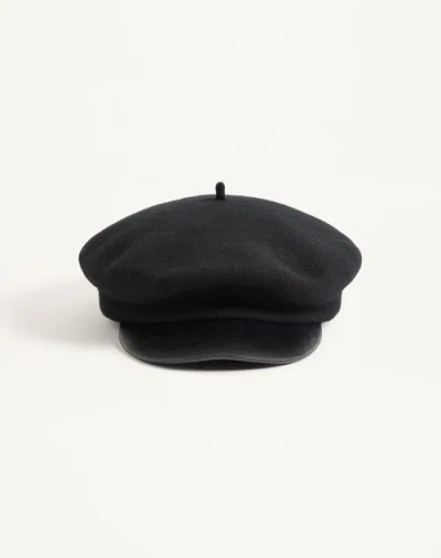 Valentino Garavani  Garavani Vlogo Signature Wool Beanie With Leather Visor Woman Black/gol In Black