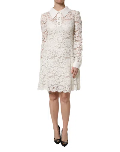 Pre-owned Dolce & Gabbana White Floral Lace Long Sleeves Shift Women's Dress ()