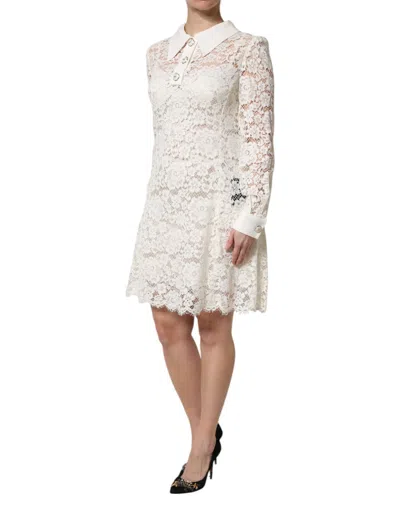 Pre-owned Dolce & Gabbana White Floral Lace Long Sleeves Shift Women's Dress ()