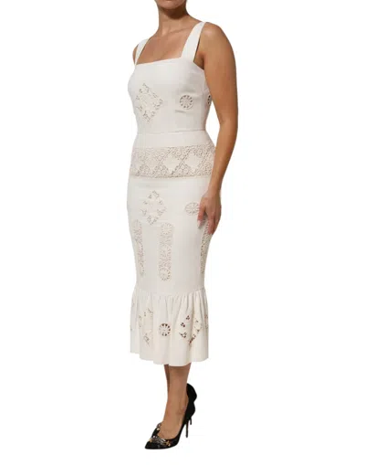 Pre-owned Dolce & Gabbana White Floral Lace Sleeveless Midi Women's Dress ()