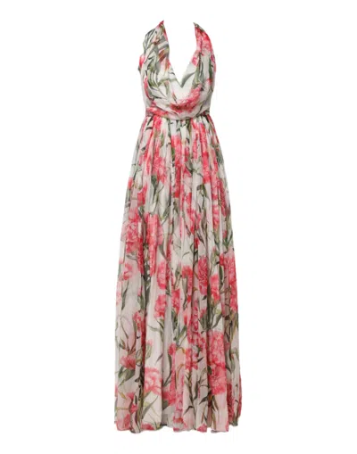 Pre-owned Dolce & Gabbana White Floral Silk Halter A-line Maxi Women's Dress ()