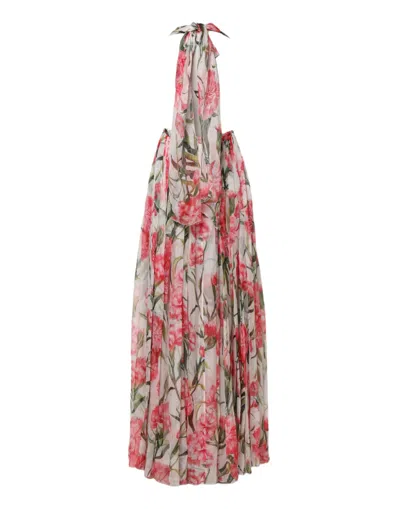 Pre-owned Dolce & Gabbana White Floral Silk Halter A-line Maxi Women's Dress ()