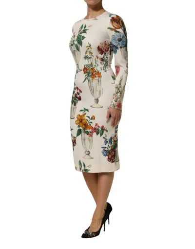 Pre-owned Dolce & Gabbana White Flower Vase Silk Sheath Midi Women's Dress ()
