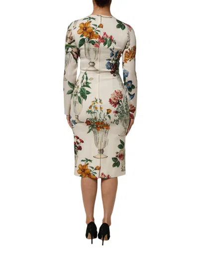 Pre-owned Dolce & Gabbana White Flower Vase Silk Sheath Midi Women's Dress ()