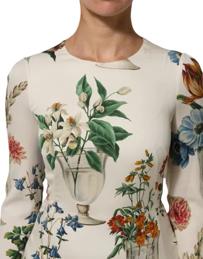Pre-owned Dolce & Gabbana White Flower Vase Silk Sheath Midi Women's Dress ()