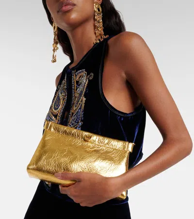 Etro Talk Small Metallic Leather Clutch In Gold