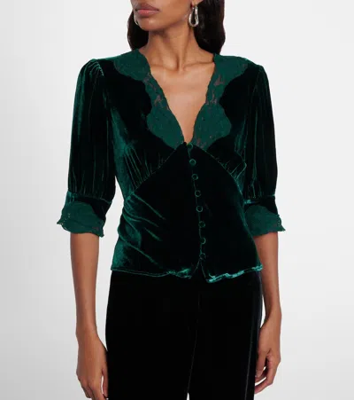 Rixo London Amanda Lace-trimmed Velvet Top In Green