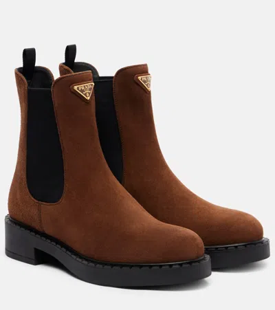 Prada Suede Chelsea Boots In Brown
