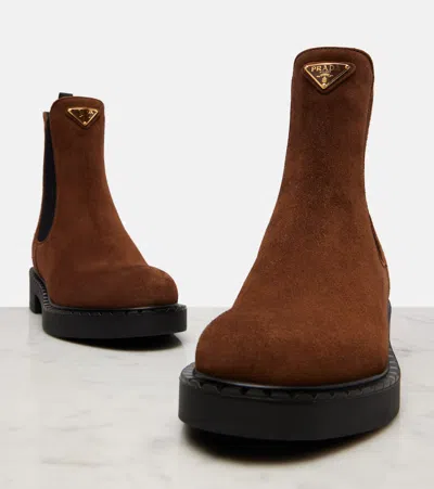 Prada Suede Chelsea Boots In Brown