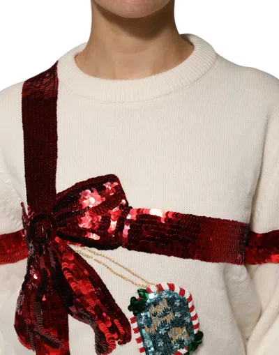 Dolce & Gabbana White Sequined Crew Neck Pullover Sweater In Multi
