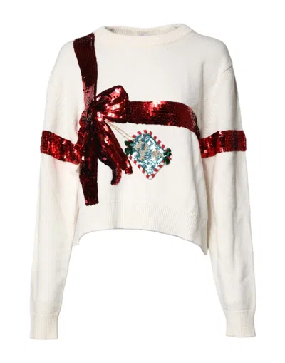 Pre-owned Dolce & Gabbana White Sequined Crew Neck Pullover Women's Sweater () In Multi