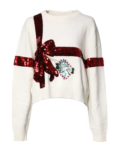 Pre-owned Dolce & Gabbana White Sequined Crew Neck Pullover Women's Sweater ()