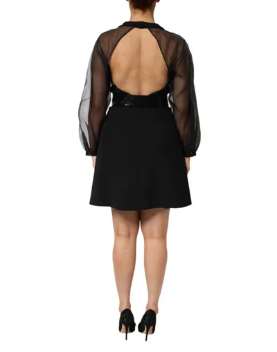 Pre-owned Emporio Armani Black Sheer Sleeve Belted V-neck Mini Women's Dress ()