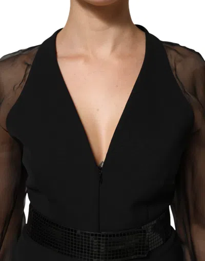 Pre-owned Emporio Armani Black Sheer Sleeve Belted V-neck Mini Women's Dress ()