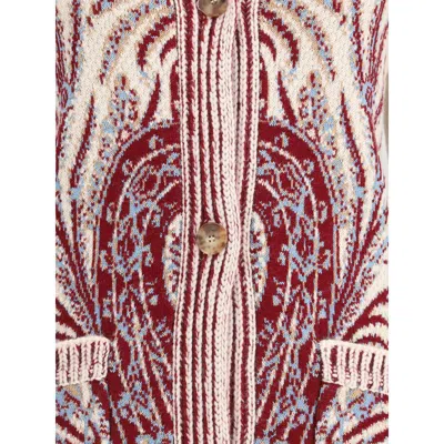 Etro , Wool And Cotton Jacquard Maxi Cardigan, Woman, Burgundy, Size 48 In Multi