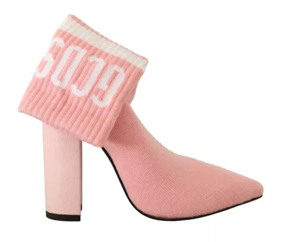 Pre-owned Gcds Pink Suede Logo Socks Block Heel Ankle Boots Women's Shoes ()