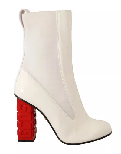 Pre-owned Gcds White Leather Fabric Red Logo Heel Ankle Boots Women's Shoes () In Multi