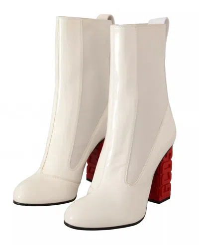 Pre-owned Gcds White Leather Fabric Red Logo Heel Ankle Boots Women's Shoes () In Multi