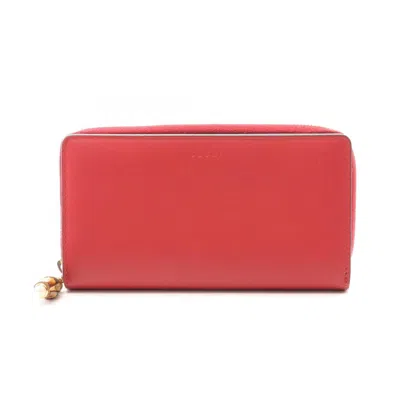 Pre-owned Gucci Bamboo Red Color Leather Long Wallet (bi-fold) ()