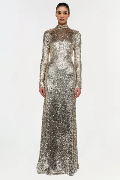 Simkhai Beatrice Sequined Long-sleeve Gown In Silver