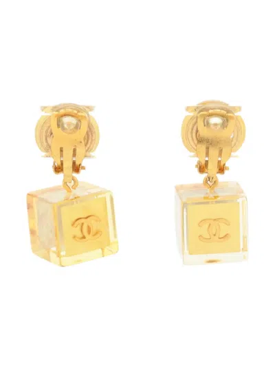 Pre-owned Chanel 1997 Cc Drop Clip-on Earrings In Gold