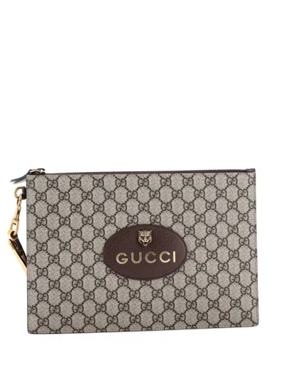 Pre-owned Gucci Neo Vintage Wristlet Pouch Gg Coated Canvas Clutch Bag In Neutral