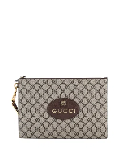 Pre-owned Gucci Neo Vintage Wristlet Pouch Gg Coated Canvas Clutch Bag In Neutral