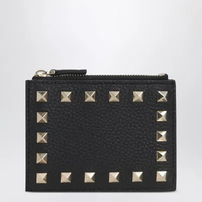 Valentino Studded Leather Zipped Card Holder In Brown