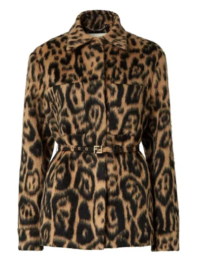 Fendi Women Multicolor Coat With Ff Buckled Belt On The Front And All-over Leopard Motif In Wool Ble In Brown