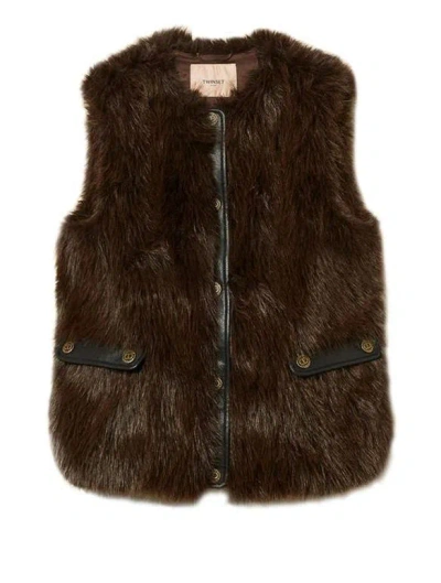 Twinset Twin-set Faux Fur Vest With Leather Back In Brown