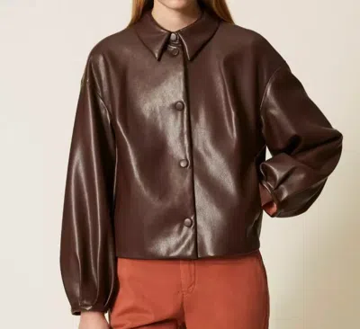 Twinset Blouson Effet Cuir Avec Col Chemise In Brown