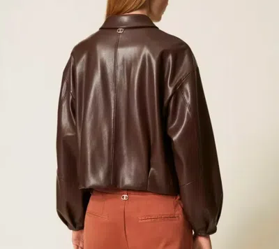 Twinset Blouson Effet Cuir Avec Col Chemise In Brown