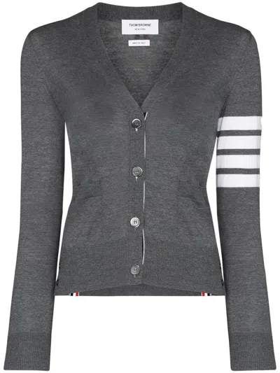 Thom Browne Classic V-neck Cardigan In Cashmere With White 4-bar Sleeve Stripe In Gray