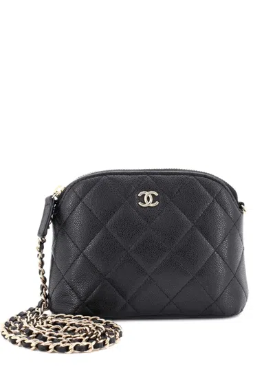 Pre-owned Chanel Cc Dome Zip Clutch With Chain Quilted Caviar Mini Crossbody Bag In Black