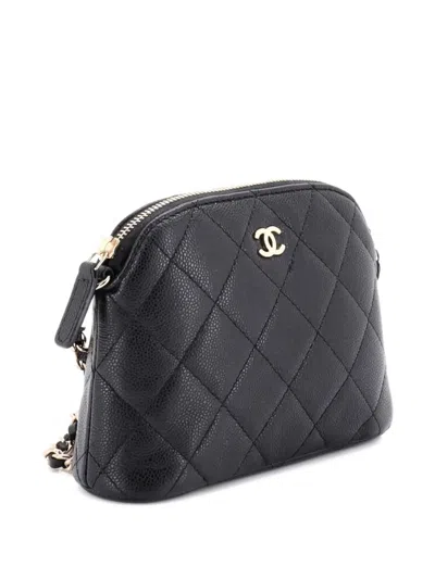 Pre-owned Chanel Cc Dome Zip Clutch With Chain Quilted Caviar Mini Crossbody Bag In Black