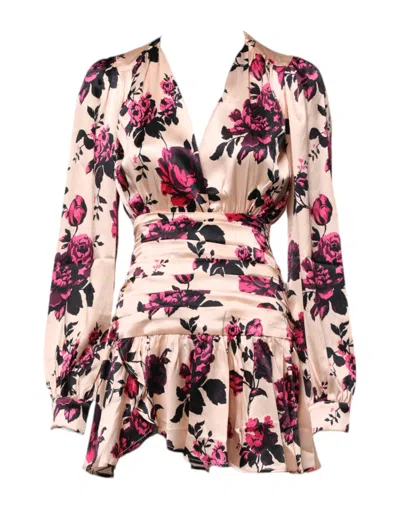 Pre-owned Laneus Pink Floral Silk Long Sleeves V-neck Wrap Mini Women's Dress ()