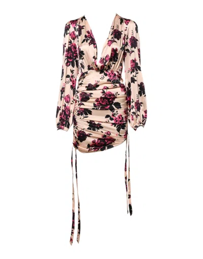 Pre-owned Laneus Pink Floral Silk Long Sleeves V-neck Ruched Mini Women's Dress ()