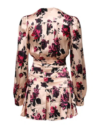 Pre-owned Laneus Pink Floral Silk Long Sleeves V-neck Wrap Mini Women's Dress ()