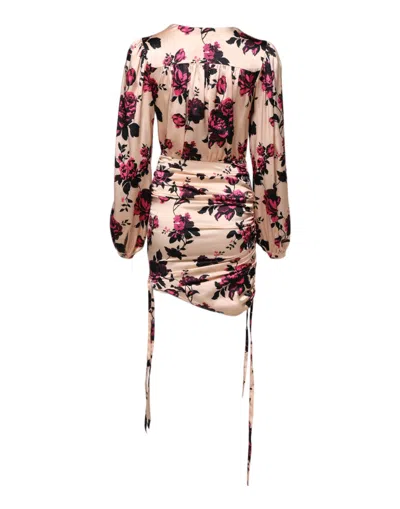 Pre-owned Laneus Pink Floral Silk Long Sleeves V-neck Ruched Mini Women's Dress ()