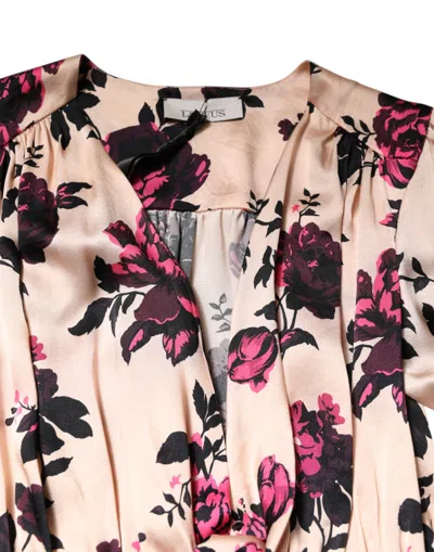 Pre-owned Laneus Pink Floral Silk Long Sleeves V-neck Ruched Mini Women's Dress ()