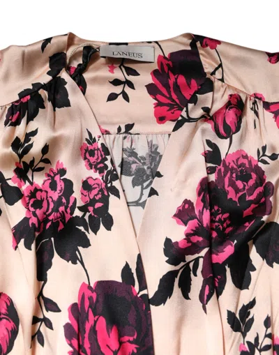 Pre-owned Laneus Pink Floral Silk Long Sleeves V-neck Wrap Mini Women's Dress ()