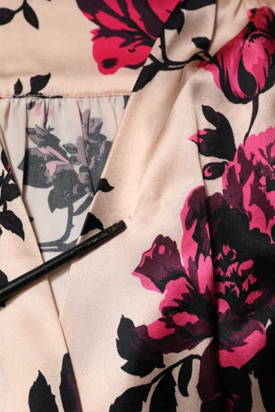 Pre-owned Laneus Pink Floral Silk Long Sleeves V-neck Wrap Mini Women's Dress ()