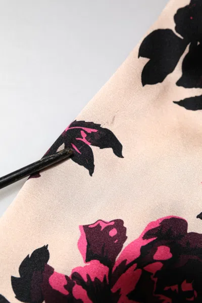 Pre-owned Laneus Pink Floral Silk Long Sleeves V-neck Ruched Mini Women's Dress ()
