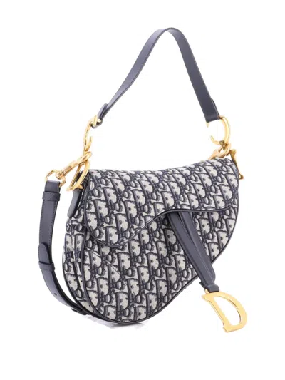 Pre-owned Dior Saddle Handbag With Strap Oblique Canvas Medium Shoulder Bag In Blue
