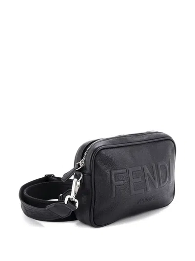 Pre-owned Fendi Logo Camera Bag Embossed Leather Crossbody Bag In Black