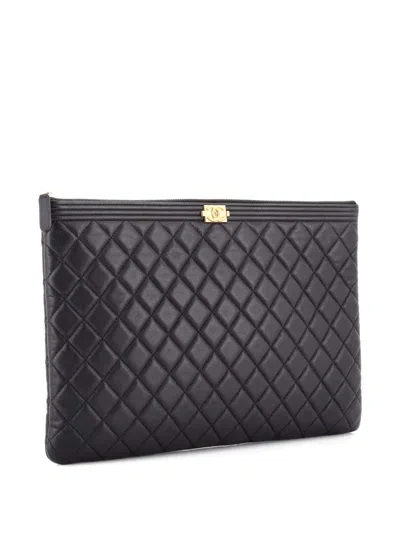 Pre-owned Chanel Boy O Case Quilted Caviar Large Clutch Bag In Black