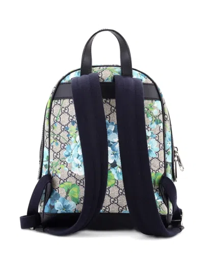 Pre-owned Gucci Zip Pocket Blooms Print Gg Coated Canvas Small Backpack In Blue